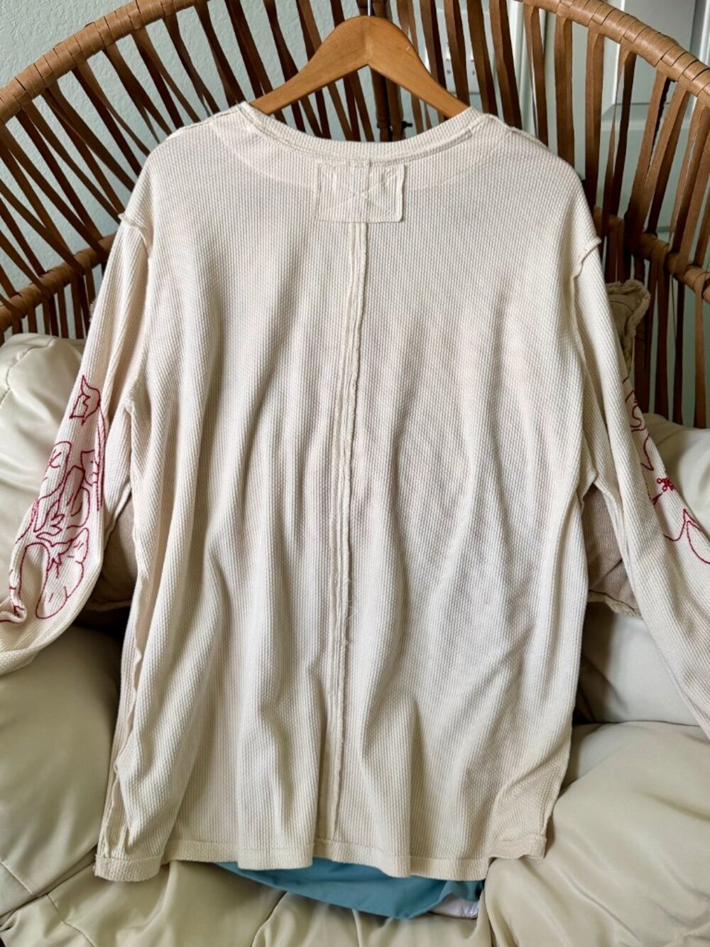 Free People Embroidered Floral Waffle Knit Long Sleeve Tee Medium Boho - Picture 16 of 16